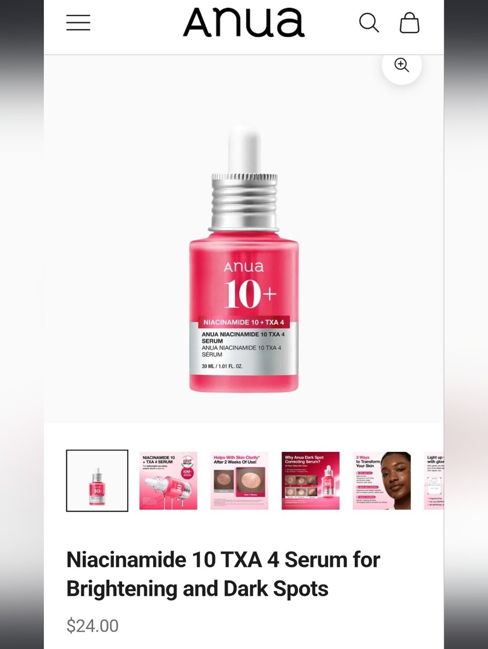 Anua Niacinamide 10+ TXA 4 Brightening Serum — New 1oz